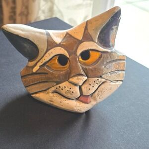 Vintage Studio Pottery Cat Head Sculpture Signed Eleanor Madonik 90s Whimsy Art